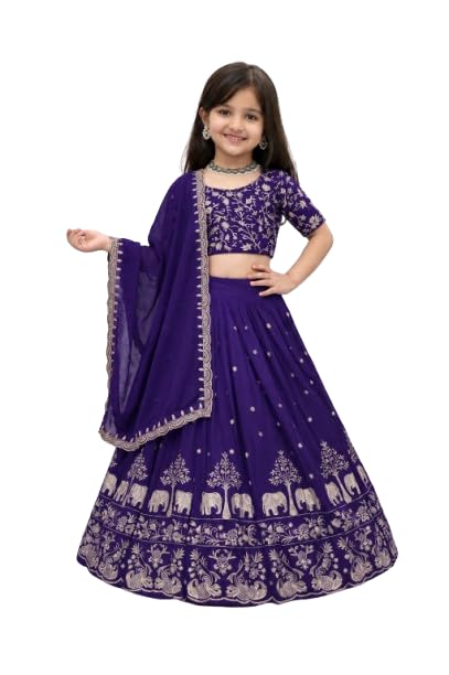 Image of Kids Chiffon Lehenga Choli, Embroidered Elephant and Floral Print, Festive Ethnic Wear with Dupatta