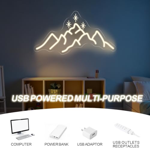 Image of ACOTAR Neon Sign Mountain With Star LED Light Book Lover Gift | Starry Mountain Reading Nook Decoration USB Powered Dimmable Bookish Home Wall Room Deocr Warm White 17.7 inchx9.3 inch