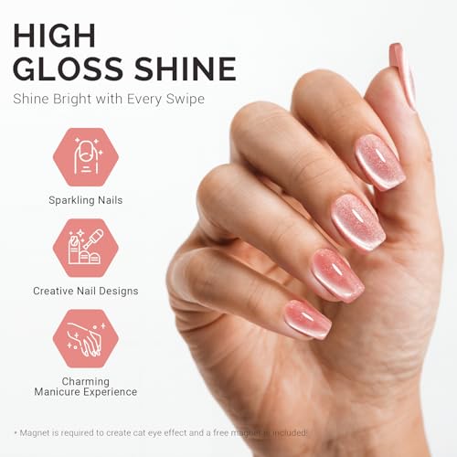 Image of MelodySusie Jeweliver Cat Eye Gel Nail Polish, 0.5 Fl Oz Coral Pink Glitter Holographic Magnetic Nail Polish with Magnet, UV Nail Polish for Nail Art Manicure Salon DIY at Home C45