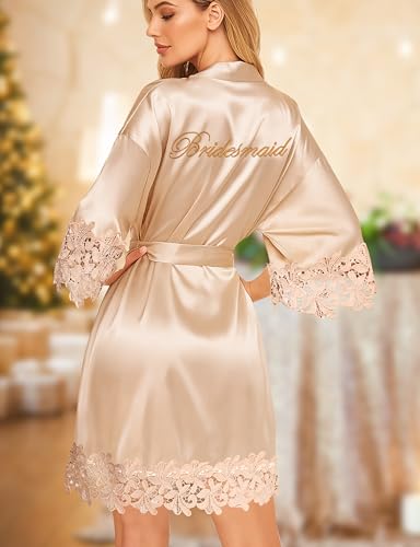 Image of EPLAZA Bride Robe for Wedding Day Set Bridal Robe Lace Trim Silky Embroidery Satin Kimono for Bridal Party