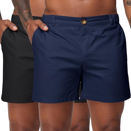 Image of Oymyakon Men's 6 Inch Shorts Casual Cotton Flat Front Chino Shorts Summer Elastic Waist Pull On Short with Pockets
