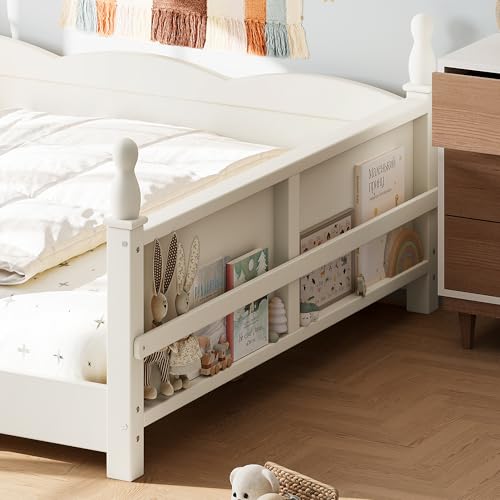 Image of Bellemave Full Size Montessori Floor Bed Frame with High Fence, Solid Wood Kids Floor Bed with Bookshelf, Low Profile Bed for Boys & Girls, Childlike Design,Beige