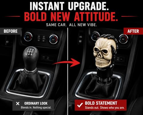 Image of SUKICHI Skull Design Car Gear Knob | Universal Manual Gear Shift Knob for Cars | Skull Shifter Stick | Premium Interior Styling Accessory | Includes Adapters (Skull, Black & Ivory)