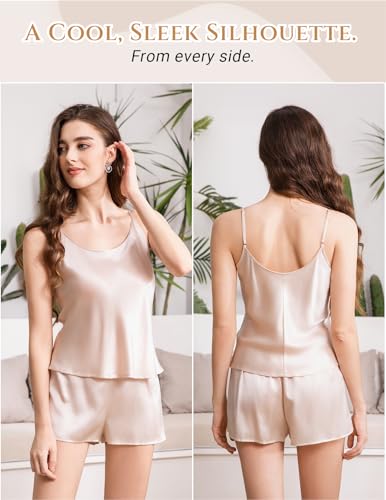 Image of THXSILK 100% Mulberry Silk Women Cami Pajama Set, Tank Top with Shorts Sleepwear, Adjustable Spaghetti Straps, Luxury Pj Set