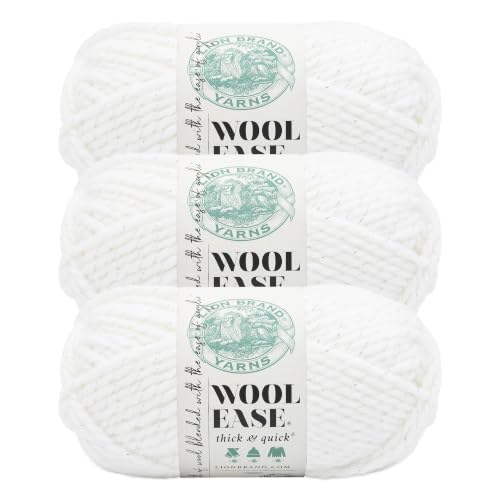 Image of Lion Brand Yarn, Wool-Ease Thick & Quick, Diamond, White Metallic, 3 Pack | Super Bulky Wool Acrylic Blend Fiber for Soft Hats, Sweaters, Chunky Blankets, Yarn for Crochet, Knitting, Crafts, Weaving