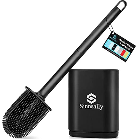 Silicone Toilet Brush with Holder,Rubber Toilet Brush with Quick Drying Holder Set,Toilet Cleaning Brush with Base for Anti-drip,Loo Brush Wall Mounted,Long Plastic Handle and Flexible Bristle Brush Cover