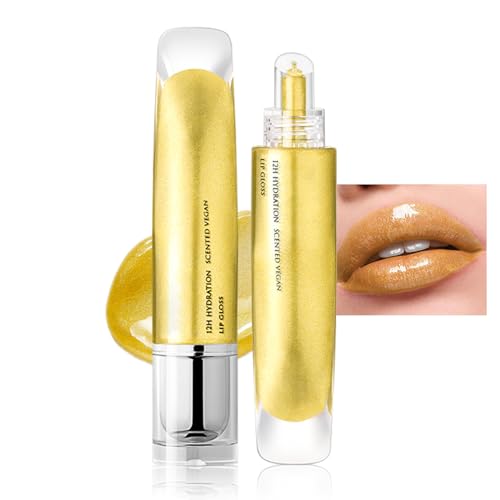 Brillo de labios brillante dorado líquido con brillo de diamante, hidratante 3D brillo de labios, lápiz labial líquido de larga duración, maquillaje de labios brillante de alta pigmentación, textura