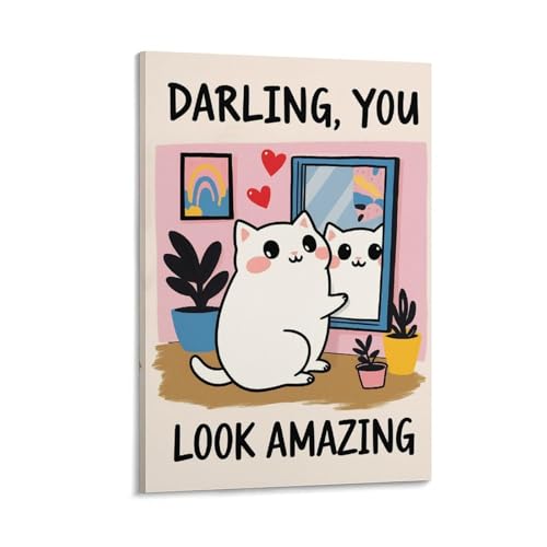 Funny Cat Bathroom Wall Art-Darling You Look Amazing-Cute Mirror Quote Print Poster (1) �p�l�� �ǃA�[�g ���_�� ���r���O �x�b�h���[�� ��������12x18inch(3