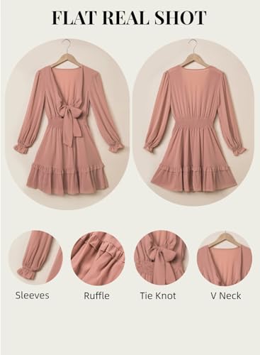 Image of AlvaQ Womens Spring Summer Knot Front V Neck Ruffles Long Sleeve Floral Print Swing Mini Dress, Medium