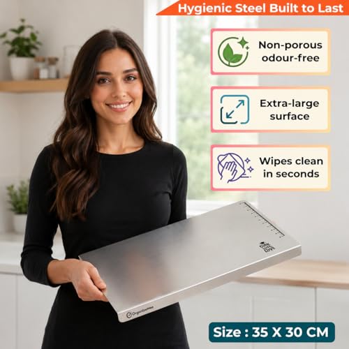 Image of OrganizeMee Premium (35x30cm) Stainless Steel Chopping Board | Steel Kitchen Counter top for Cutting, Vegetable Chopper, for Meat & Veggies Items, Chopping Board Steel pad (Medium Platform)