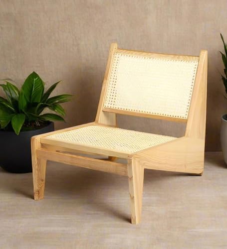 Image of Handcrafted Natural Wood Lounge Chair with Cane Rattan Weave, Modern Minimalist Design, Indoor Living Room Accent