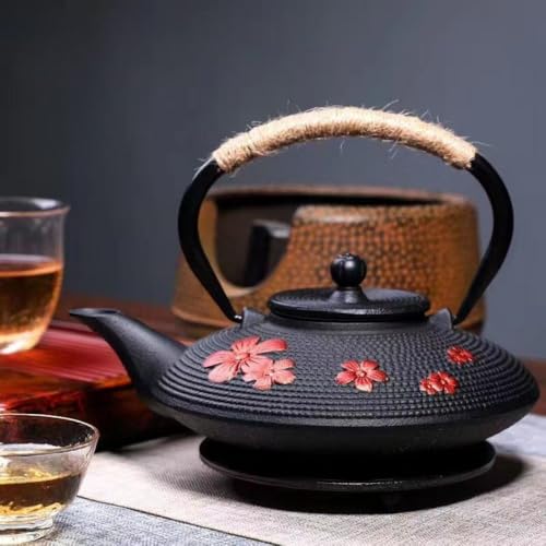 GERRBG 鉄瓶 南部鉄器 急須 鉄製 フラットポット 茶道道具 鉄分補給 鉄やかん IH対応 直火可 やかん 鉄びん 伝統工芸品 (黒紅平桜)
