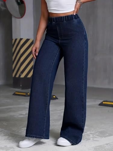 Image of ADBUCKS Women's Stretch Denim Wide Leg Jeans Comfort Fit with Elastic Waistband, Straight Cut, Casual Style for All Seasons, Versatile Clothing