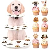 25 Pcs Dog Cupcake Stand with Puppy Cupcake Topper, 3 Tiered Dog Party Decoration Puppy Cake Holder, Cute Pet Theme Dessert Cupcake Tower for Dog Baby Shower Supplies Birthday Party Decoration