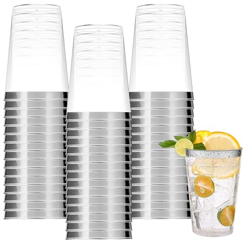 Lot de 60 gobelets de fête en plastique dur de 300 ml avec coupe en argent, réutilisables, pour boissons, cocktails, champagne, anniversaires, mariages