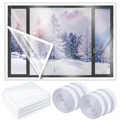 Beeveer 3 Sets 63 x 63 Inch Window Insulation Kit Cuttable Transparent Film with Adhesive Straps Reusable Window Plastic for Patio Winterizing Thicken Warm Winter Waterproof Attic Insulation Cover