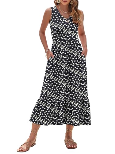 Image of AUSELILY Womens Summer Maxi Dress Casual Sleeveless V Neck Floral Dresses | A line shape with practical side pockets, Vacation dress for resort walks, Pair with low heels and simple jewelry