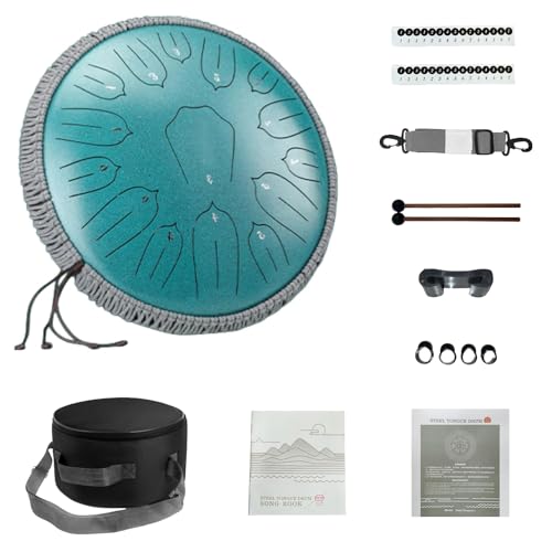 Rain Chime Drum,15 Notes 12.5 Inches Steel Tongue Drum for Outside Garden,Percussion Hand Drum Instrument with Bag,Tank Chakra Drum for Meditation Yoga Musical Education Best Adult& Kids (Green)