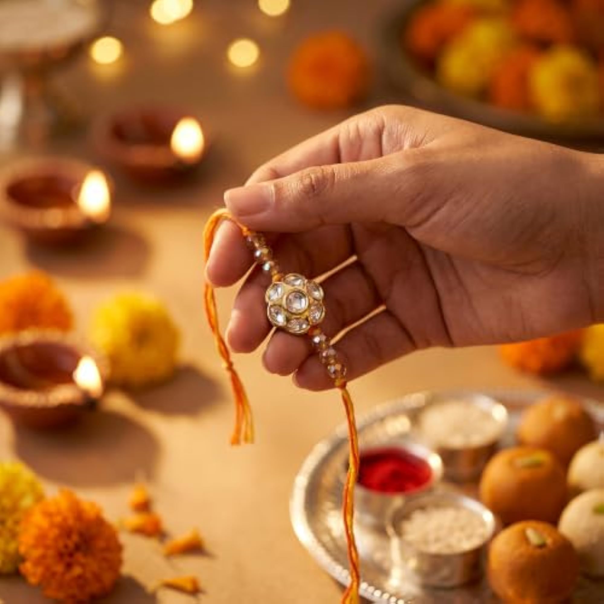 Pure 925 Silver Stone-Studded Floral Rakhi