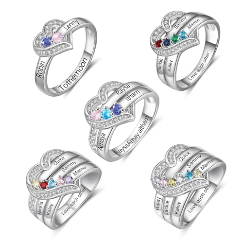 925 Sterling Silver Personalized Mothers Ring with 2 Birthstones Custom Engraved Name Engagement Wedding Promise Rings for Women Mothers Day Birthday Gifts for Mom Grandma Wife