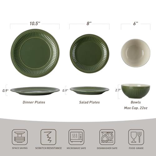 Image of Famiware Garden 12-Piece Embossed Plates and Bowls Sets, Stoneware Reactive Glaze Dishes Dinnerware Set, Modern Rustic, Chip & Scratch Resistant, Microwave & Dishwasher Safe, Service for 4, Dark Green
