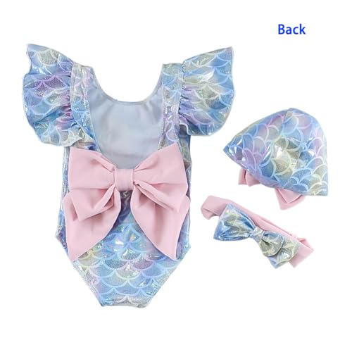 Girls One Piece Swimsuit Set, Mermaid Bathing Suit with Swim Cap Hair Band for Girls, Kids Swimwear for Ages 5-92