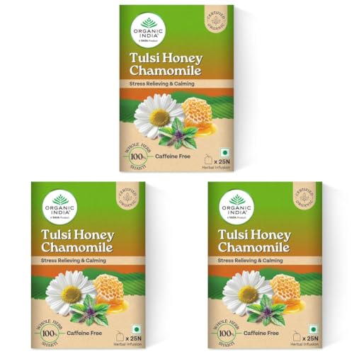 Image of A TATA Product - Organic India Tulsi Honey Chamomile Infusion - 25 Tea Bags, Certified Organic, Stress Relief, Calming, Promotes Sleep, Caffeine-Free (Pack of 3)
