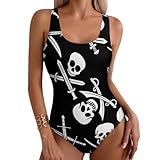 One Piece Swimsuit Women Criss Cross Back Bathing Suits Athletic Goth Pirate Skulls Crossbones Swords Black and White Swimwear Unique Monokini