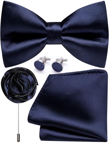 Image of Solid Color Bow Ties for Men Silk Pre-tied Tuxedo Bowtie Set 4PCS | Pre-tied in 3 seconds,adjustable 4PCS bow tie and pocket square cufflinks lapel pin set,wedding,formal,party,prom,graduation