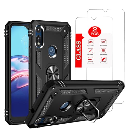 for Motorola Moto E 2020 Case with [2 Pack] Glass Screen Protector, for Moto E 2020 Case Heavy Duty Shockproof Armor [Military-Grade] Protective，with Magnetic Kickstand Ring Stand Black