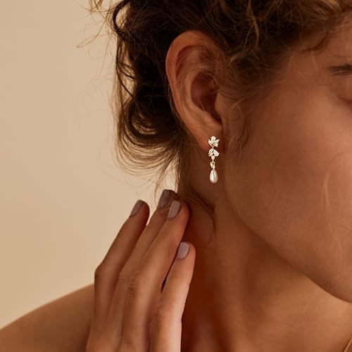 Gold Earrings for Women,14k Gold Plated Pearl Drop Earring Dainty Gold Bridal Prom Earrings Small Cute Stud Earring Wedding Dangle Earrings for Women Trendy Prom Bride Jewelry Gifts4