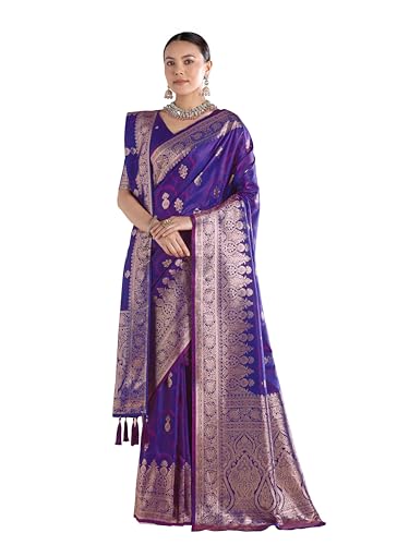 Monjolika Fashion Woemn's Purple Banarasi Silk Zari Woven Saree With Dupatta