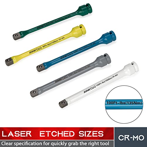 Rimkolo 1/2" Drive Torque Limiting Extension Bar Set, 5-Piece Impact Torque Limiter Set With 8 Inch Color-Coded Cr-Mo Torque Sticks (65 To 140 Ft-Lbs) For Locking Lug Nuts #TOP3