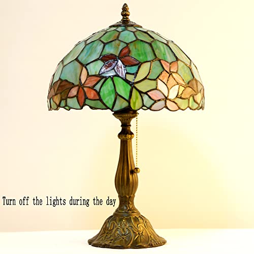 Zjart Tiffany Table Lamp 1-Light 19 Inch High Green Stained Glass Flower Style Reading Lamp Nightstand Bedside Desk Light Vintage Traditional Handmade Office Desk Lamp Pull Chain Switch Control #TOP6