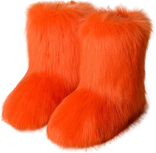 YESBOR Women's Faux Fur Winter Snow Boots Round Toe Flat Booties for Indoor Outdoor Orange 10
