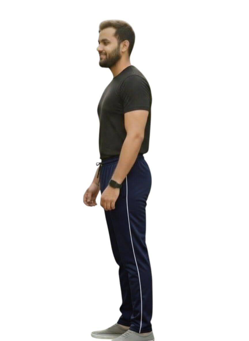 Men's Navy Blue Track Pants with White Side Stripe, Cotton Lining, Drawstring Waist-picture-10