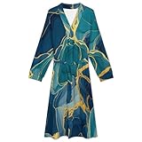 FOSKERV Womens Long Sleeve Robe, Fashion Open Front Kimono Robes with Belt, Lightweight Bathrobes Full-Length for Mom, Wife, Gold Turquoise Green Navy Blue Wave Marble, (S)