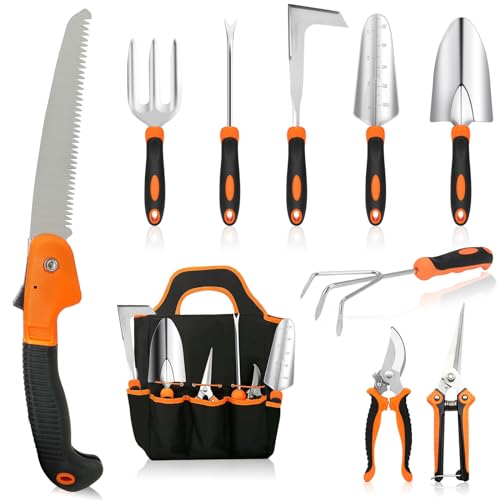MQHUAYU Gartden Tools, 10 Pcs Stainless Steel Garden Tools for Gardening with Non-Slip Ergonomic Handle, Garden Hand Tools with Tote Bag for Women, Men, Gift