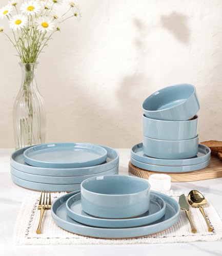 Image of AmorArc Ceramic Dinnerware Set for 4 | Speckled Stoneware Plates and Bowls with unglazed terracotta | Scratch Resistant, Dishwasher & Microwave Safe Dishes Sets- 12-Pcs Blue