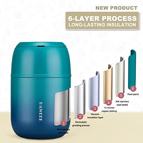 HAWEEK Insulated Soup Thermo 17oz - Stainless Steel Vacuum Lunch Box for Adults, Kids Leakproof Hot Food Container with Handle Folding Spoon (School Office Outdoor)