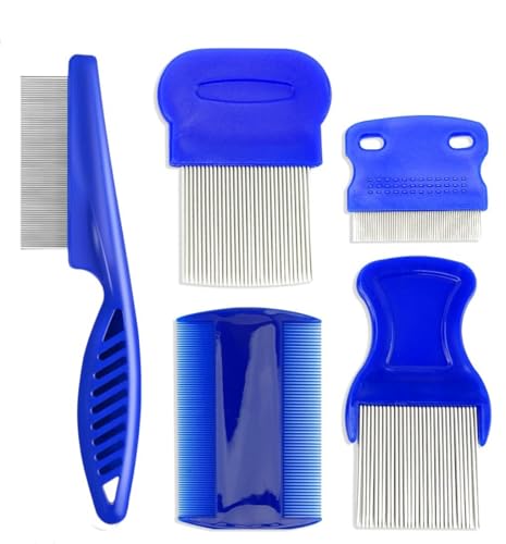 Image of Lice Removal Comb, 7-Piece Flea Comb Set with Red Light Tips, Blue Long Needle Design for Efficient Lice Removal, Complete 5-Piece Kit with Blue Handles for Pet Grooming and Hair Care