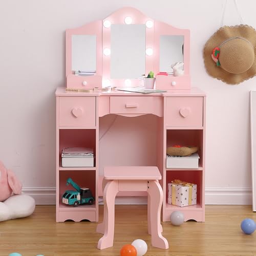 Kids Vanity Set With Mirror, 2-In-1 Wooden Toddler Vanity Table With Stool, Tri-Folding Mirror & Drawer,Princess Pretend Play Makeup Vanity Princess Makeup Desk Dressing Table for Little Girls