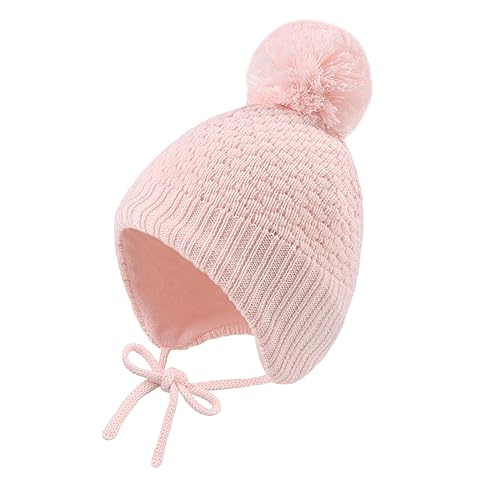 Image of Baby Girl Winter Hats Fleece Lined Infant Beanie Hat for Boys Knitted Kids Earflap Beanis with Pompom 0-8 Years