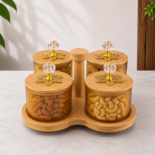 Image of 4 Jar Borosilicate Glass Storage Container Set with 360 Revolving Bamboo Tray (Round Jar with Knob)