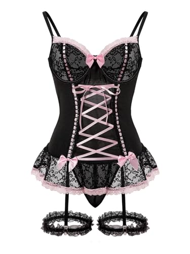 Image of Foxiny Sexy Mesh Corset Ruffle Lace Up Underwire Sheer Garter Belt Babydoll Lingerie Set With Thong 3 Piece Women