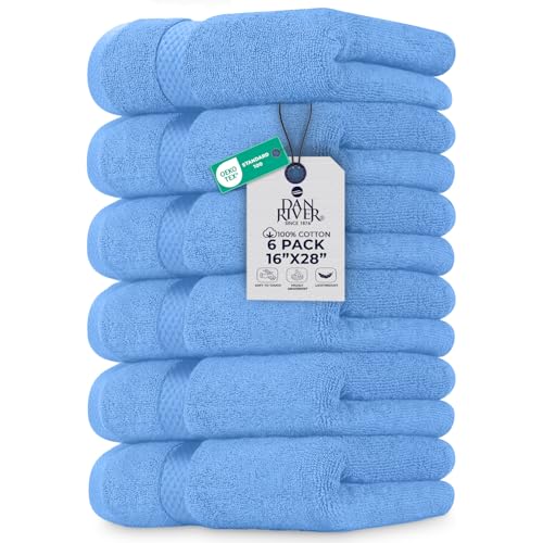 Image of DAN RIVER 6-Pack Premium Hand Towels (16x28 Inches) - 100% Cotton, Ultra Soft, Lightweight, Highly Absorbent Towels for Bathroom, Spa, Gym, Salon, Hotel, and Travel - Medium Blue
