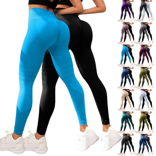 Leggings Baumwolle Damen 2 Stück Anti Cellulite Leggings Damen Lang Blickdicht Kompressions Leggings Booty Lifting Shaping Yogahose Hohe Taille Fitness Sporthose Stretch Leicht Yoga Hose Bequem Pants