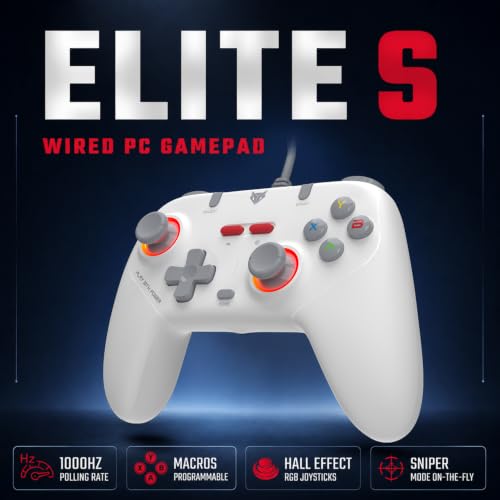 Image of EvoFox Elite S Gaming Controller for PC, 1000Hz Polling Rate, Hall Effect Joysticks, Programmable Macro Buttons, Sniper Mode, Turbo & Auto Turbo Mode, Dual Vibration, RGB Lighting, 1.8m Cable, White