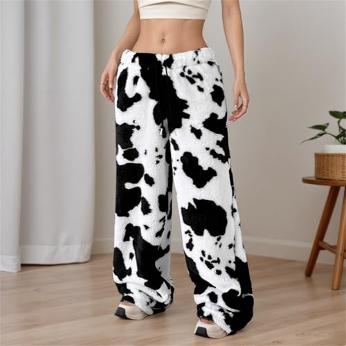 Image of VCM Leopard Print Pants Y2k High Waisted Baggy Trousers Drawstring Fluffy Cheetah Fuzzy Pajama Sleepwear