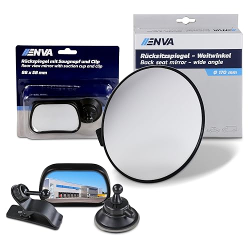 ENVA Rücksitzspiegel Weitwinkel Ø 175 mm + Rückspiegel mit Saugnapf und Clip Babyspiegel für Nach hinten gerichtete Kindersitze & Autoinnenspiegel für Windschutzscheibe und Sonnenblende